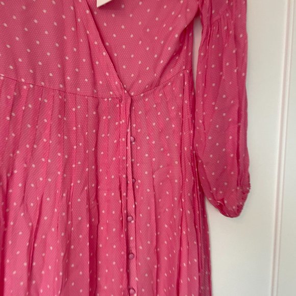 LoveShackFancy Bevelyn Pink White Polka Dot Wrap Dress Long Sleeves Front Slit - Picture 10 of 12